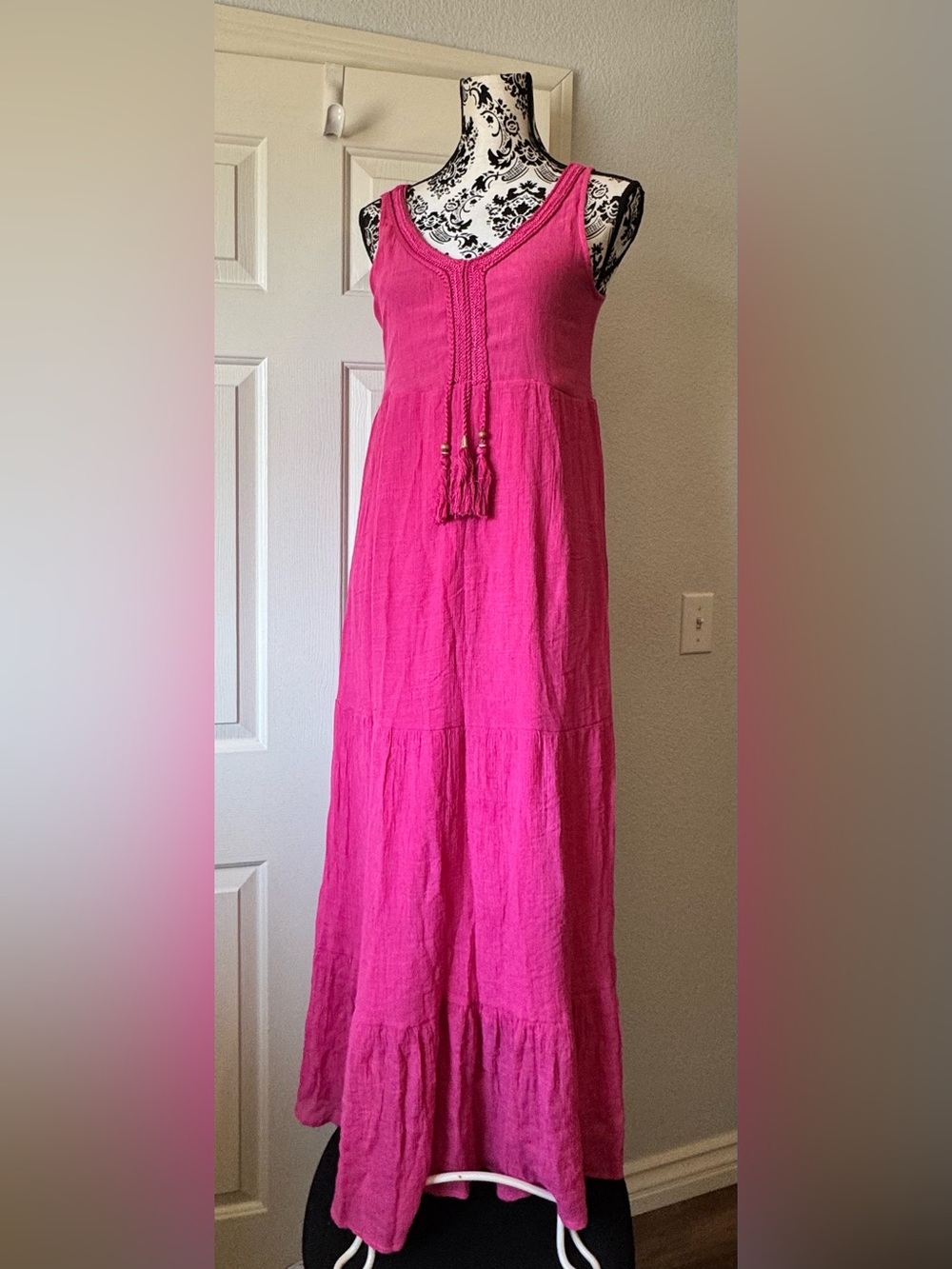 Fever Hot Pink Tiered Maxi Dress with Tassel